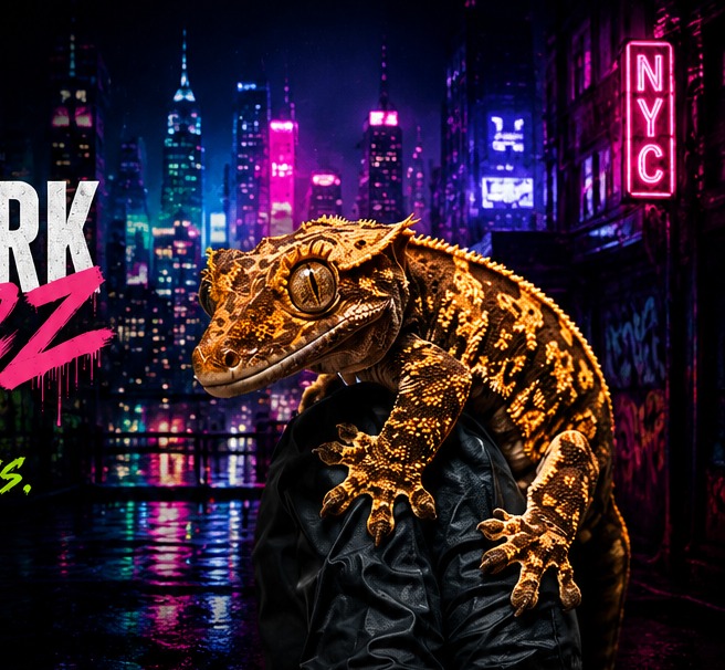 Crested gecko against the New York City neon skyline